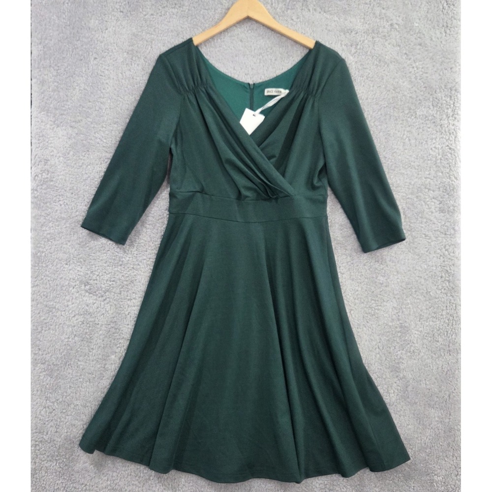 Grace Karin Faux Wrap Dress Large Green Pine V Neck 3/4 Sleeve Knee Length NWT